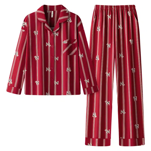 宫蝶 长袖休闲可外穿条纹开衫卡通睡衣套装 男女同款 红色