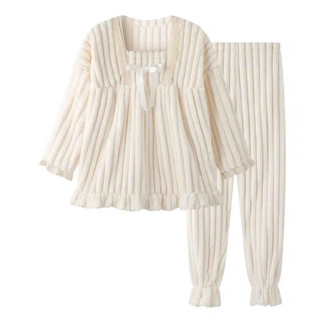 欧诗帛 舒适宽松纯色保暖方领套头长袖长裤可外穿睡衣套装 女款 图片色