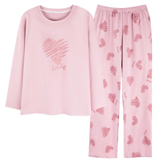 莫代尔 春秋季宽松纯棉舒适柔软亲肤轻盈甜美圆领休闲细腻透气长袖长裤大学生宿舍居家可外穿睡衣套装 女款