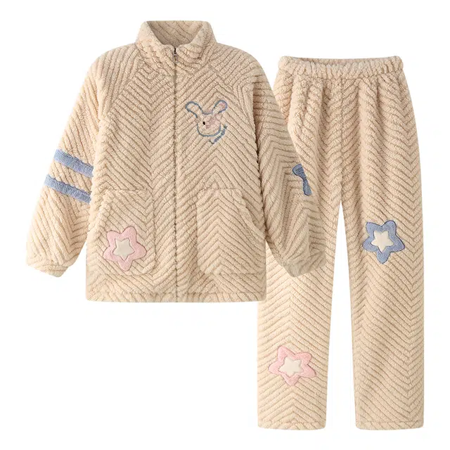 欧诗帛 冬季质感学生宿舍上衣中腰舒适下衣睡衣套装 女款 杏色