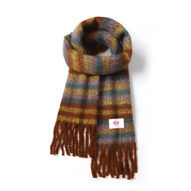 浪莎 韩版条纹高级感拉毛彩色保暖礼盒装 聚酯纤维 绒线围巾 男女同款情侣款