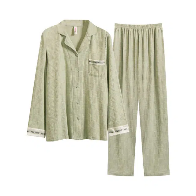 芬腾 甜美休闲长袖上衣家居服可外穿长裤睡衣套装 女款 豆绿