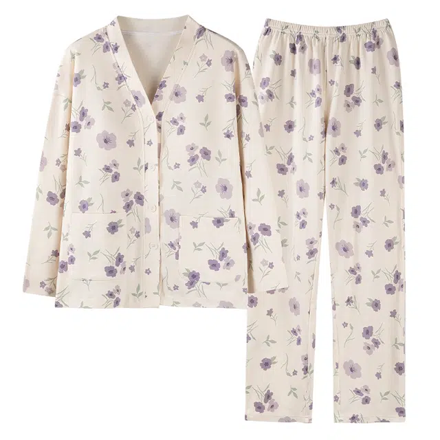 莫代尔 小清新透气亲肤开衫长袖长裤居家服可外穿睡衣套装 女款 白色