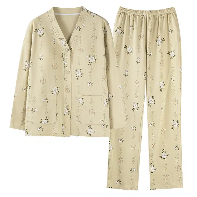 莫代尔 透气柔软细腻亲肤开衫长袖长裤居家服可外穿睡衣套装 女款 绿色