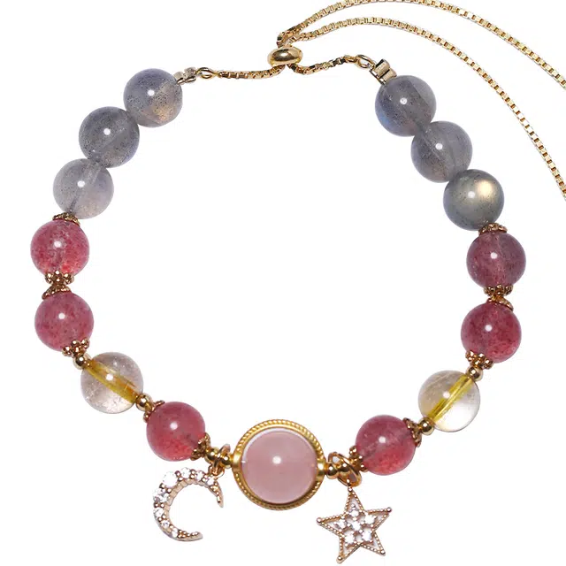 布达拉宫 月光石草莓晶旺桃花 多宝 桃花粉正缘桃花转运珠 水晶 手串 女款