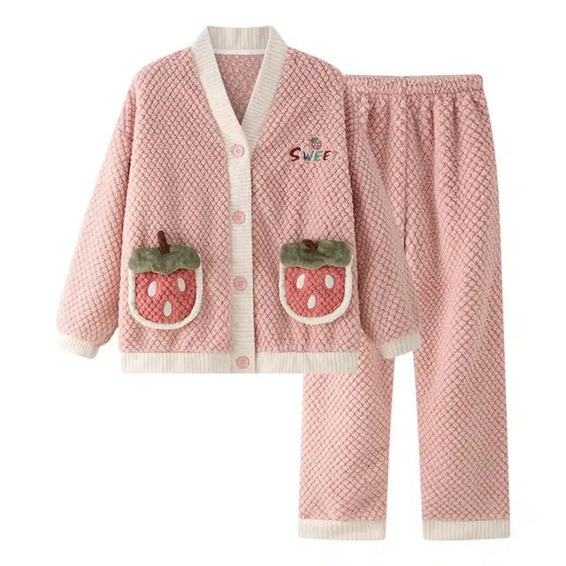 欧诗帛 珊瑚绒加绒加厚大码长袖长裤睡衣套装 女款 图片色