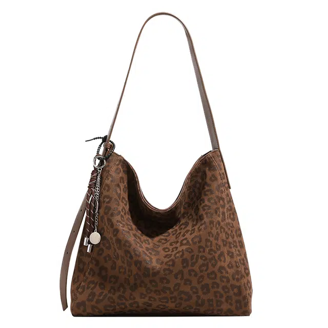 恒源祥 大菜篮子豹纹经典气质时尚潮流潮酷高贵典雅优雅脱俗清新经典大气大容量手提商务斜挎水桶包 超纤 单肩包 女款 棕色/咖啡色