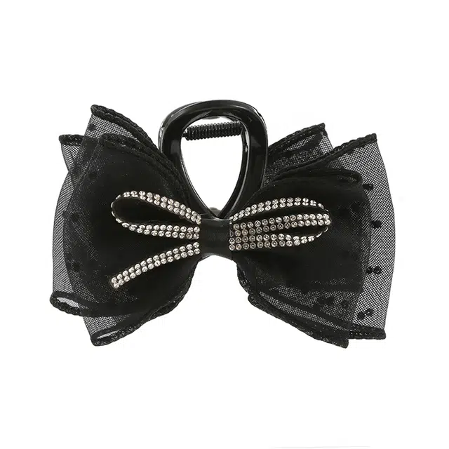 如花梦 高级感泡泡优雅复古水钻波点网纱蝴蝶结抓夹日常百搭甜美后脑勺盘发鲨鱼夹 亚克力 发夹 女款