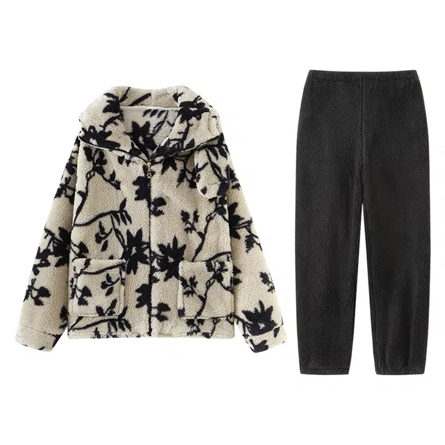 怡吾色 加厚连帽简约舒适可外穿长袖长裤家居服睡衣套装 女款 米色