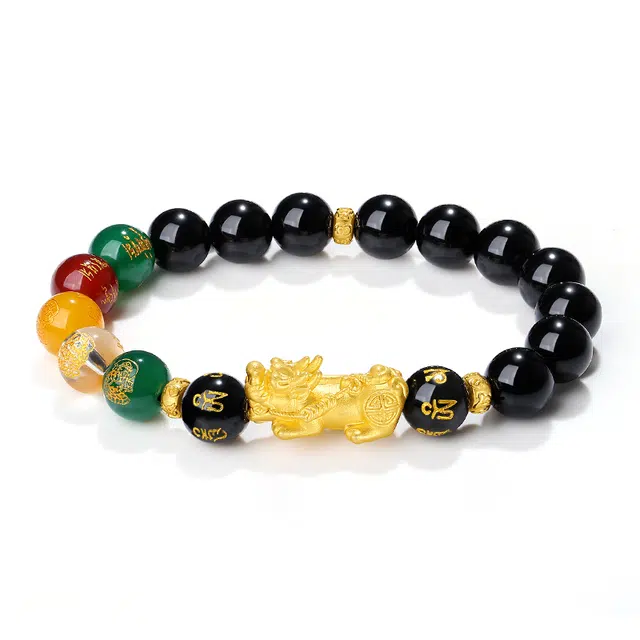 银千惠 新中式五路财神招财貔貅八方来财吞金瑞兽转运珠文玩串珠绕指柔佛珠 小众六字箴言 黑曜石 手串 男款