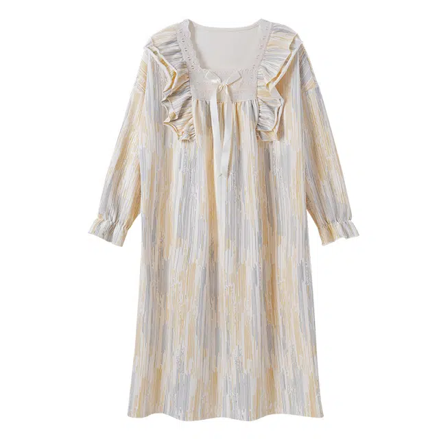 莫代尔 舒适亲肤韩版时尚满印长袖甜美可外穿睡裙 女款 杏色