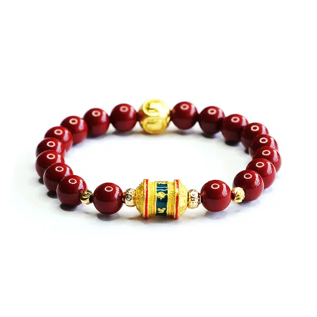 岁月静好 新中式国潮复古民族风六字箴言佛头圆珠转运招财纳福 再造辰砂朱砂 手串 男女同款情侣款