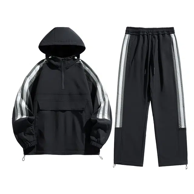 八哥 美式复古高街连帽条纹长袖夹克外套多巴胺配色百搭拼色宽松系带长裤休闲运动套装 男女同款