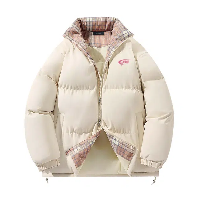 依文 简约高级感休闲百搭立领宽松面包服领口格纹中性风设计感无性别穿搭潮牌保暖廓形小众慵懒风棉服 男女同款