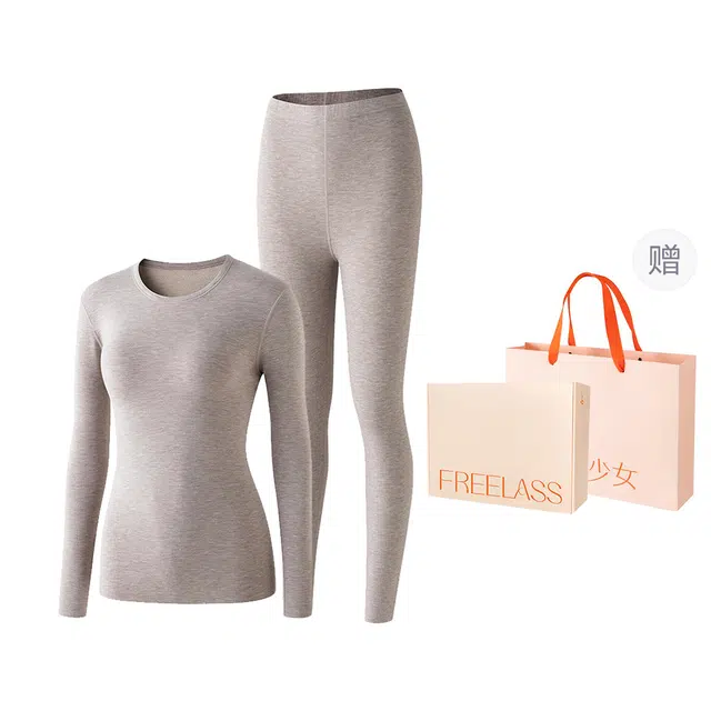 弗利少女 羊绒蚕丝发热保暖内衣纯色圆领打底秋衣秋裤修身无痕秋冬保暖套装 男女情侣款 礼袋装