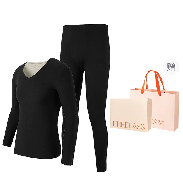 弗利少女 秋冬羊绒蚕丝发热内衣无痕绒感打底秋衣秋裤保暖套装 男女同款 礼袋装