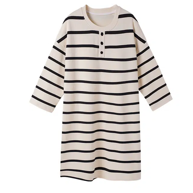 莫代尔 舒适亲肤韩版条纹长袖春秋季睡裙 女款 杏色