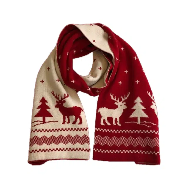 北极绒 新年圣诞小鹿鹿角冬季日系百搭可爱麋鹿红色学生加厚保暖针织围脖 绒线围巾 男女同款情侣款
