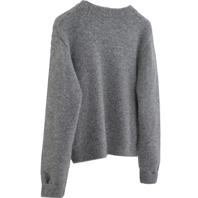 丝柏舍 短款圆领撞色卡通猫咪图案宽松休闲套头长袖针织衫 女款 深灰色