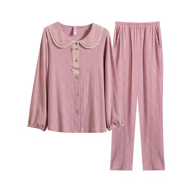 芬腾 公主风开衫长裤长袖休闲家居服可外穿睡衣套装 女款 芙蓉粉