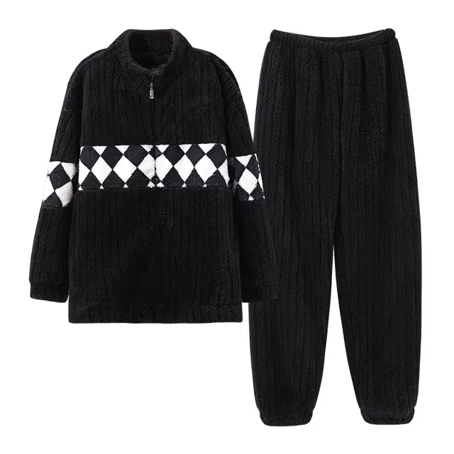 宜而爽 立领蓄热防寒开衫家居服保暖睡衣套装 男款 黑色菱格