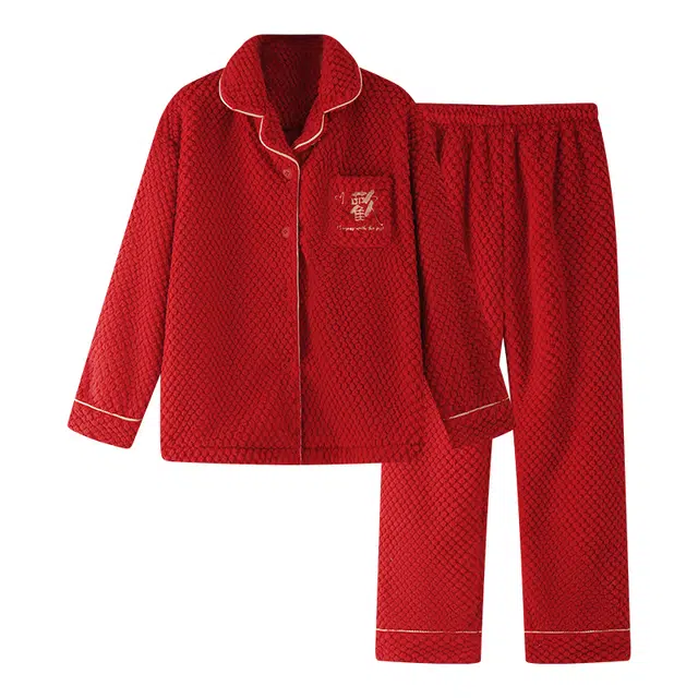 欧诗帛 大码纯色喜庆舒适柔软长袖长裤睡衣套装 女款 图片色