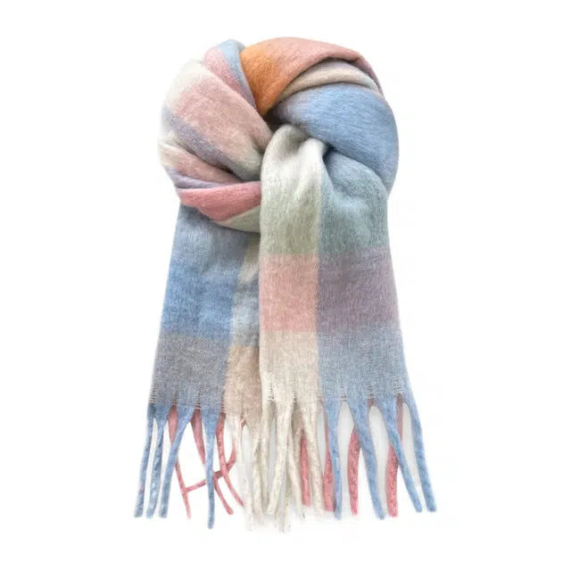 木林森 甜美风彩虹格高级感拼色马海毛围巾保暖加厚百搭软呼呼流苏围脖 围巾 男女同款情侣款