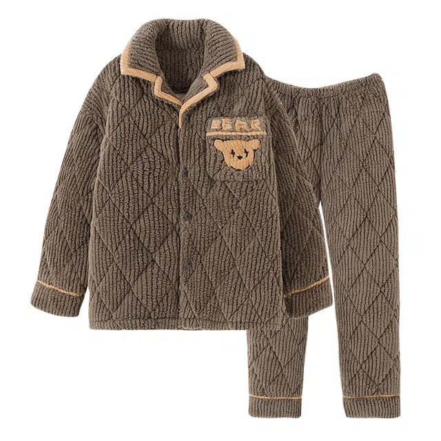 欧诗帛 加厚休闲简约长袖长裤睡衣套装 男款 棕色