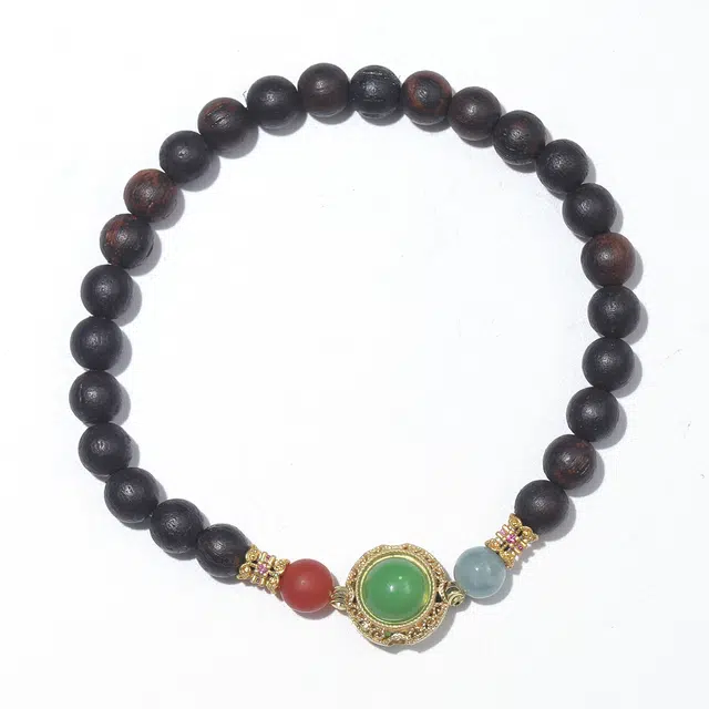 鶄鲤 新中式檀香镶嵌珠串民族风小众木制佛系单圈文玩 降真香 手串 男女同款情侣款