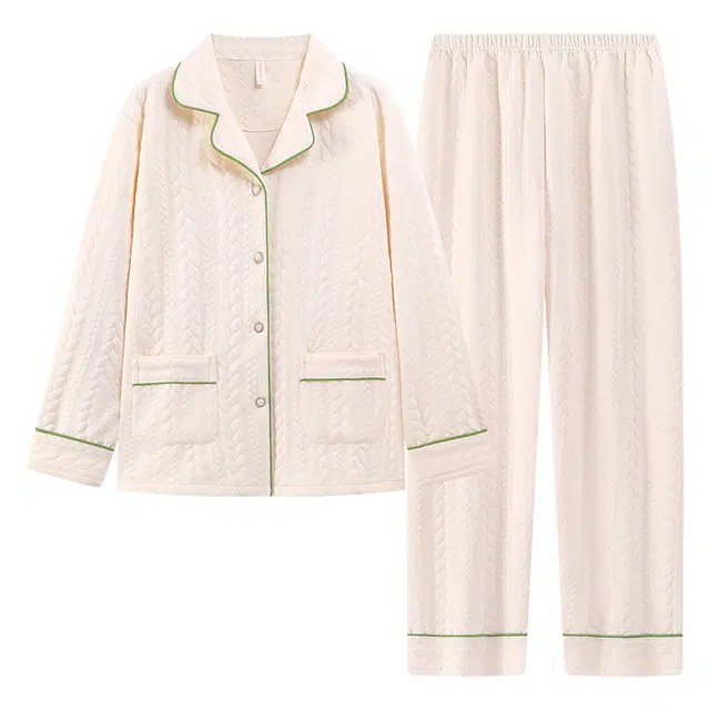 莫代尔 舒适亲肤保暖时尚开衫翻领可外穿睡衣套装 女款 杏色