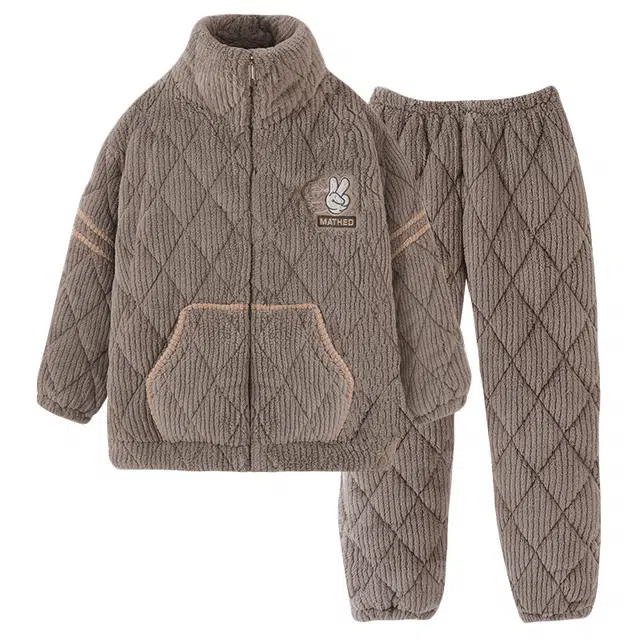 欧诗帛 加绒加厚三层夹棉休闲家居长袖长裤睡衣套装 男款 棕色