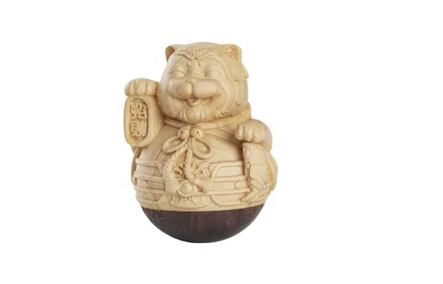 天纵 好运聚福玩偶解压创意文玩送礼吉祥物 实木雕刻招财猫不倒翁随身把玩工艺品 黄杨木 把件 男女同款情侣款