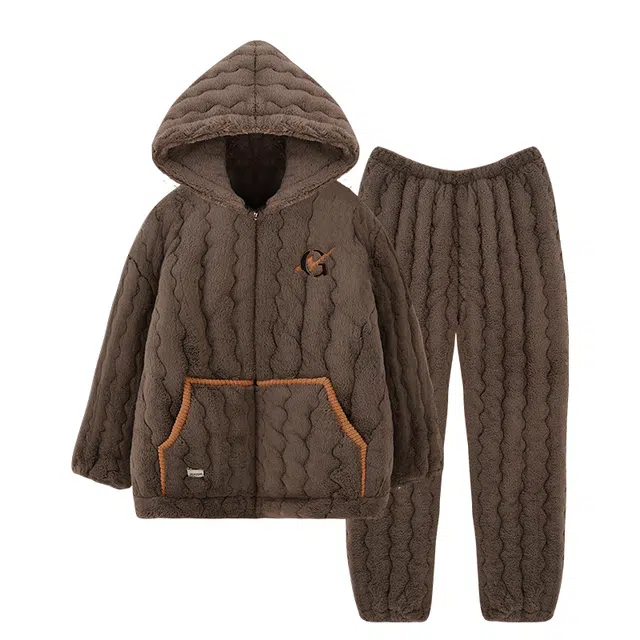 欧诗帛 加厚休闲舒适亲肤长袖长裤睡衣套装 男款 咖啡色