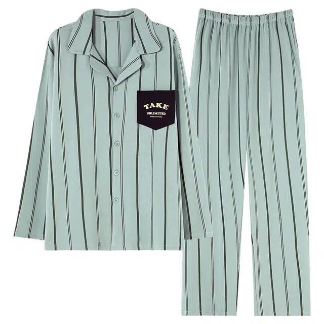 莫代尔 条纹翻领长袖长裤可爱睡衣套装 男款 图片色