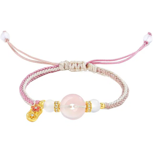 银千惠 蜜运平安扣 新中式甜美风粉白拼色招桃花手腕链 国风正缘桃花开运小众本命年如意圆满转运珠平安编织手绳 好运 玛瑙 手链 女款