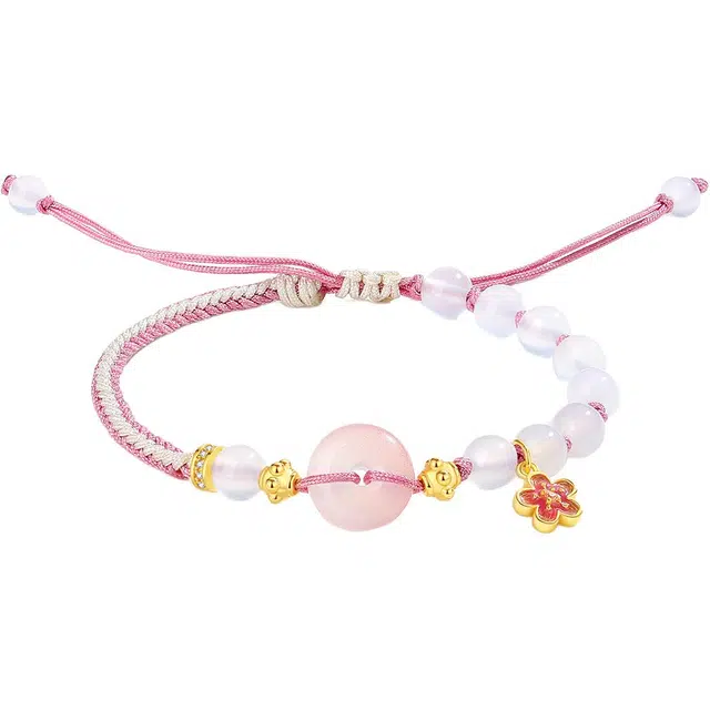 银千惠 桃花平安扣 新中式甜美招桃花国风招桃花如意转运珠纳福本命年圆满平安招财小众拼接撞色编织手绳 好运 玛瑙 手链 女款