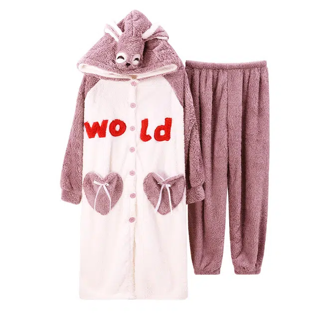 欧诗帛 简约舒适甜美休闲柔软连帽长袖长裤睡衣套装 女款 图色