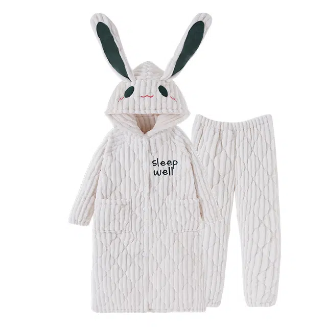 欧诗帛 法兰绒加绒三层夹棉珊瑚绒长袖长裤睡衣套装 女款 白色