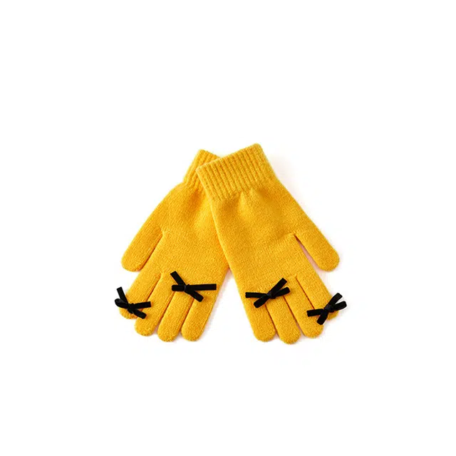 浪莎 秋冬新品五指纯色保暖针织手套女士蝴蝶结学生可触屏防寒毛线手套 腈纶 绒线手套 女款