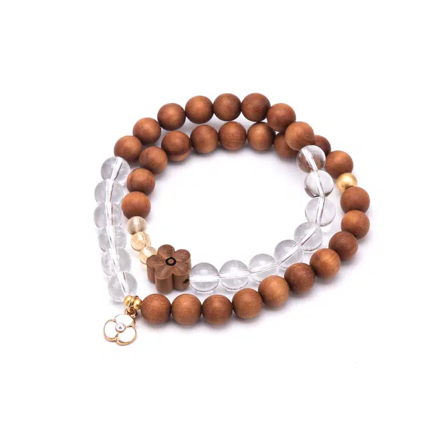 聆听花开 新中式新国风白晶檀木 双圈设计时来好运 诸事顺利 民族风复古国潮文艺风小众高级感 水晶 手串 女款