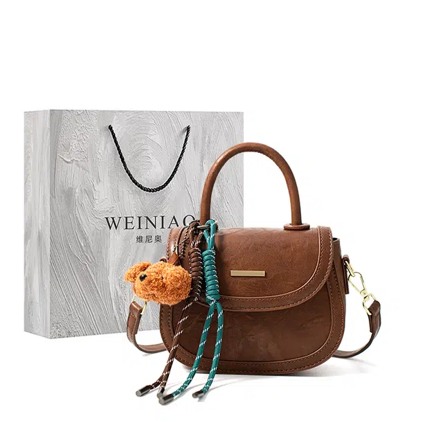 维尼奥 韩系小众复古简约马鞍包休闲时尚气质通勤 合成革 手提包 女款 焦糖棕/黑色