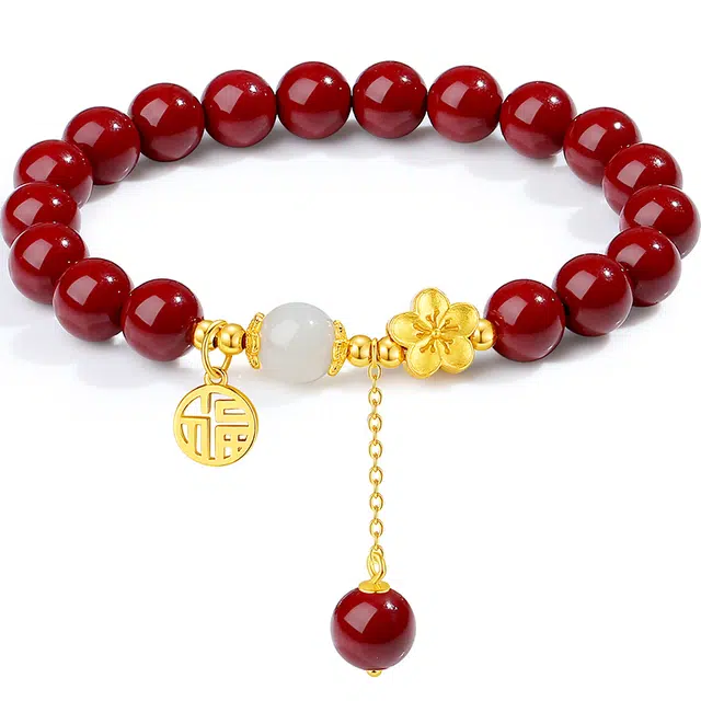 银千惠 转运桃花手腕链 国风新中式招桃花串珠链 国潮复古镂空福牌小众高级感招财手腕链流苏首饰 朱砂 手串 女款