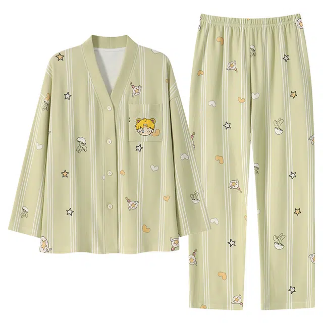 莫代尔 柔软带图案亲肤舒适细腻轻盈微弹透气开衫固定杯垫长袖长裤居家可外穿一体式睡衣套装 女款 翠绿色