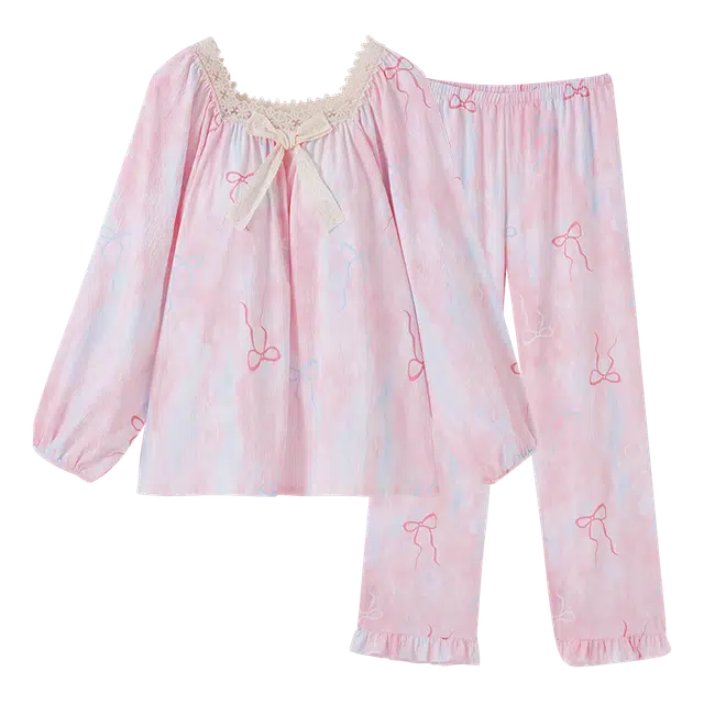 欧诗帛 蝴蝶结印花拼接蕾丝方领上衣舒适透气长裤睡衣套装 女款 粉色