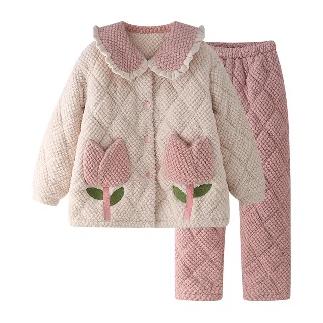 欧诗帛 珊瑚绒加绒加厚三层夹棉法兰绒长袖长裤睡衣套装 女款 粉色