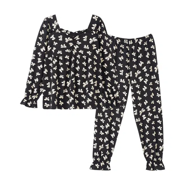 欧诗帛 带胸垫长袖长裤可外穿高级睡衣套装 女款 黑色