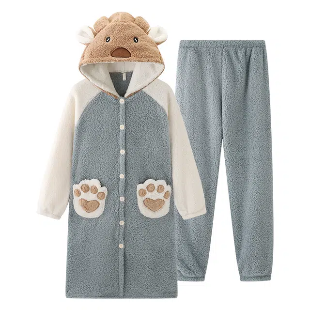 欧诗帛 简约舒适连帽睡袍长裤睡衣套装 女款 蓝色