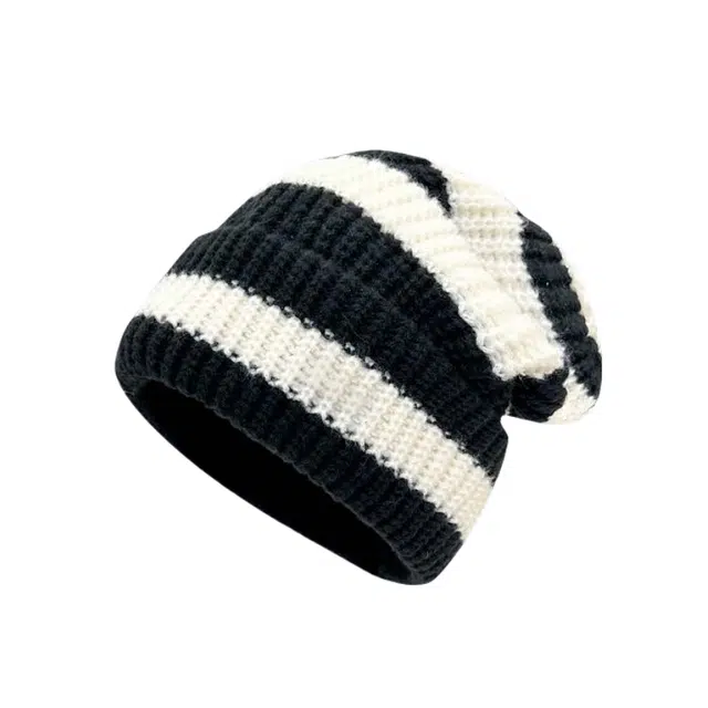 北极绒 条纹大头围毛线秋冬季显脸小保暖针织冷帽套头帽 聚酯纤维 绒线帽 男女同款情侣款