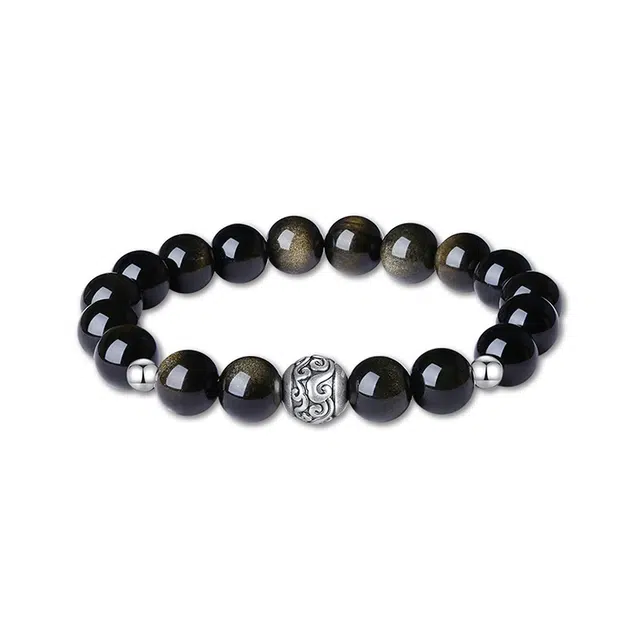 银千惠 新中式国潮六字箴言 本命年平安纳福 国风手持文玩佛珠绕指盘玩念珠 小众百搭款可调  礼盒装 黑曜石 手串 男款