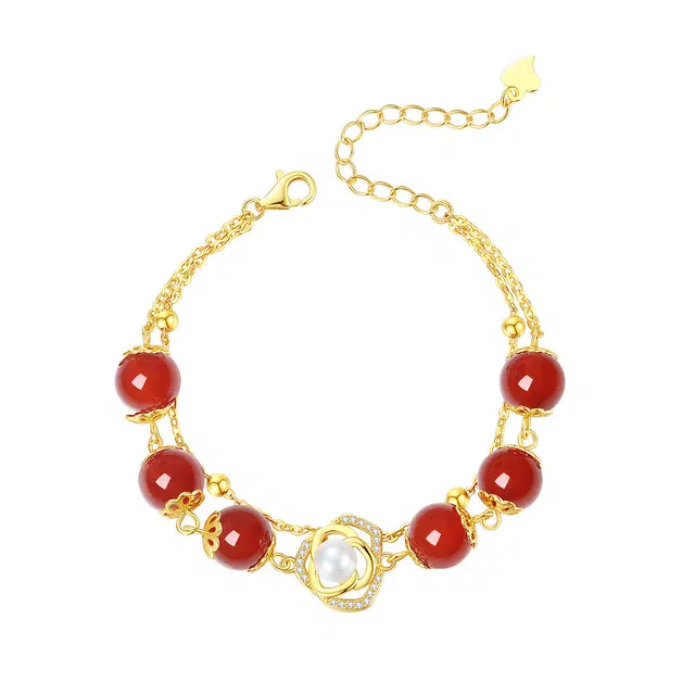 阡陌 山茶花 双层链 新中式国风古风 轻奢高级优雅文艺设计感 花开富贵寓意 玛瑙 手链 女款